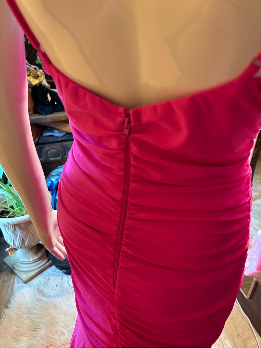 Hot Pink Ruched Spaghetti-Strap Prom Gown - Picture 12 of 12